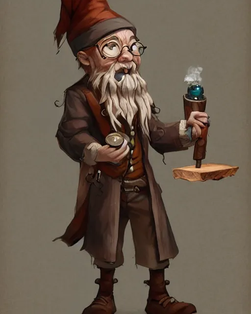Image similar to A gnomish professor smoking a wooden pipe, visualartzi, anime, steampunk, portrait, concept art by Karla Ortiz, James Paick, Charlie Bowater, Krenz Cushart, highly detailed, ultra detailed, ultra realistic, trending on artstation, cgstudio