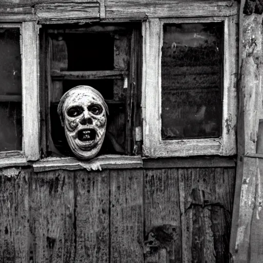 Prompt: photography, horror, a rotting undead corpse wears a wax mask of a healthy, smiling face to conceal the decomposing face beneath, disturbing, dusk, medieval tavern