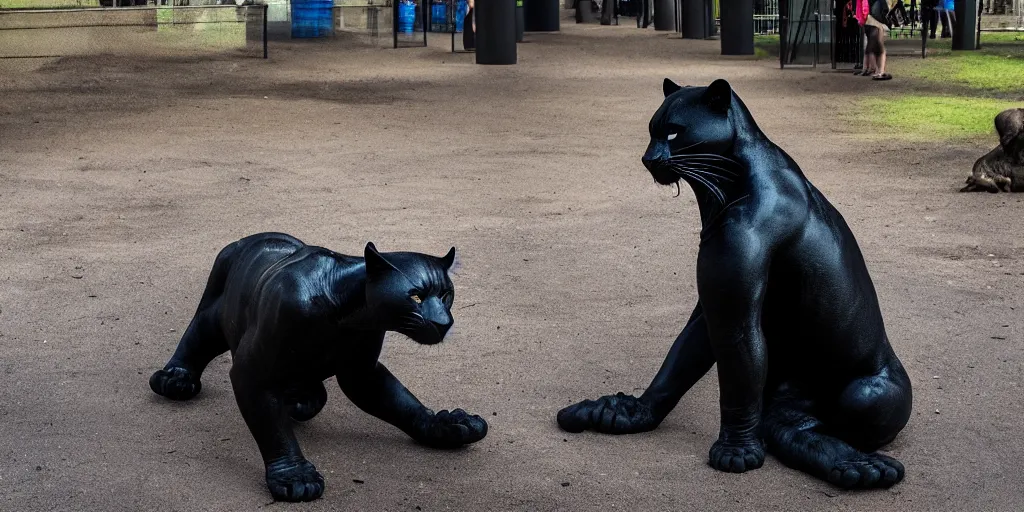 Image similar to the smooth black panther, made of smooth black goo, bating in tar in the zoo exhibit, viscous, sticky, full of tar, covered with black goo. photography, dslr, reflections, black goo, zoo, exhibit