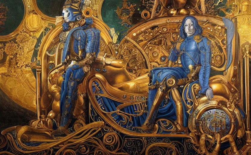 Prompt: beautifully painted mural of a mechanical cyborg king in ornate royal metallic fabric sitting in his royal throne room, piercing glowing eyes, sci fi scenery, fantasy setting, mural in the style of sandro botticelli, caravaggio, albrecth durer