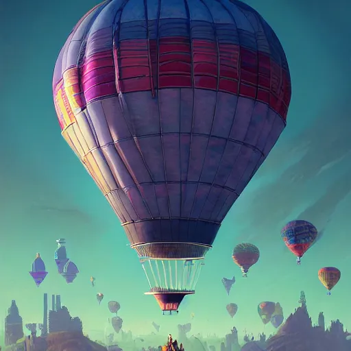 Image similar to solarpunk and cyberpunk hot air balloon, very detailed, intricate, detailed illustration, by greg rutkowski and alphonse mucha, Paul Lehr and Beeple, iridescent accents, ray tracing, product lighting, sharp, smooth, masterpiece, cinema 4D