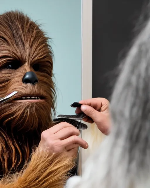 Image similar to Chewbacca shaving his face with a straight razor in front of a mirror