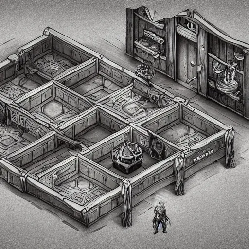 Prompt: Isometric D&D tabletop game map of tavern interior, orc themed, dark, evil looking, very realistic, cinematic lighting, CGI render, trending on artstation