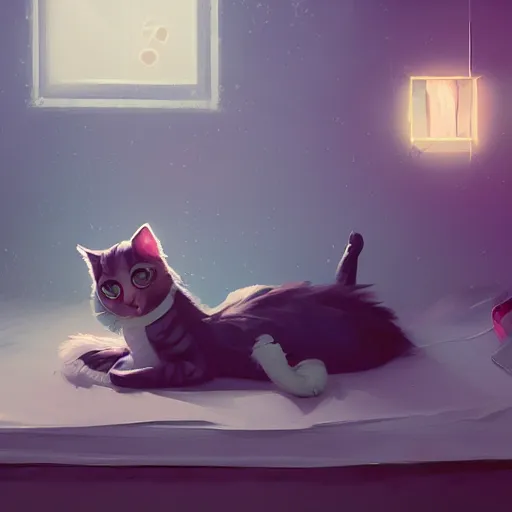 Image similar to a girl is lying on the bed and playing with her mobile phone, a ragdoll cat is lying on the side, characterized by roman shipunov, etienne hebinger, atey ghailan, cgsociety, fantasy art, 2 d game art