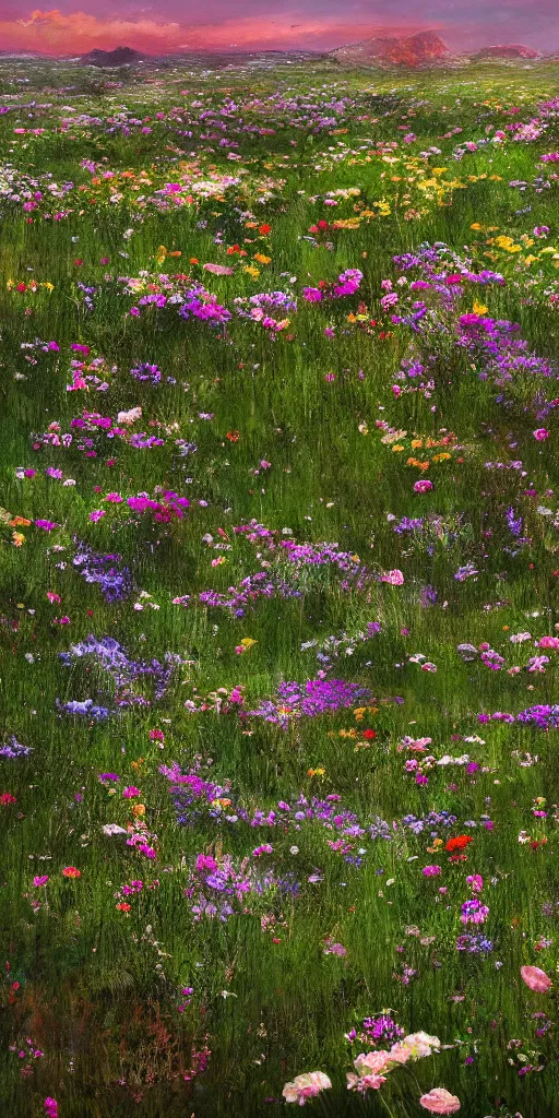 Prompt: an aesthetic field of flowers, alpines, greg rutkowski, zabrocki, karlkka, jayison devadas, trending on artstation, 8 k, ultra wide angle, zenith view, pincushion lens effect