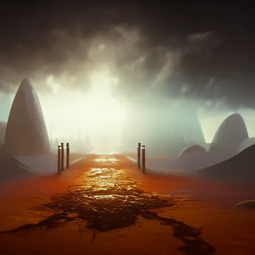 Prompt: utopian Galaxy , a dark evil path underneath a storm of fog, a evil dark sun , depth field, unreal engine, 4k concept art and hyper realism