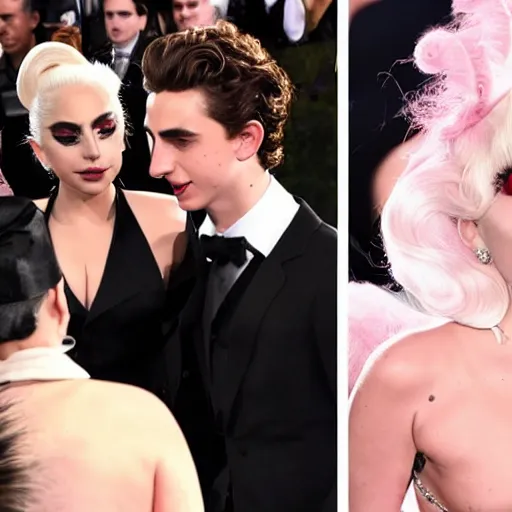 Image similar to timothee chalamet and lady gaga meet eachother, highly beautiful faces, highly detailed