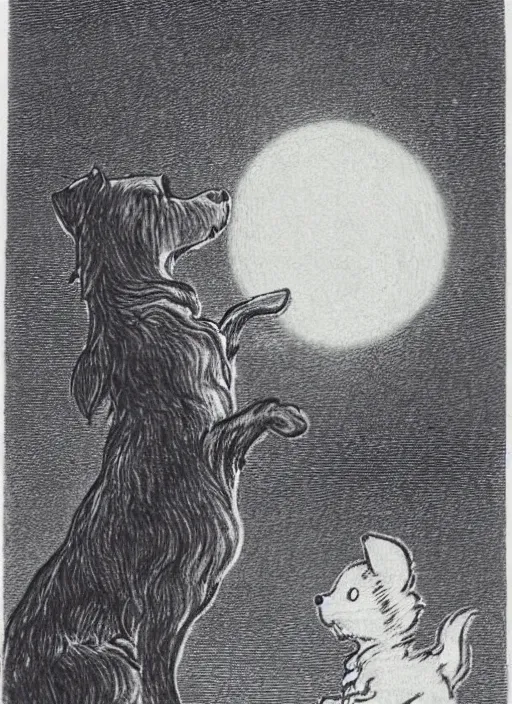 Image similar to small dog silhouette howling at the moon, illustrated by peggy fortnum and beatrix potter and sir john tenniel