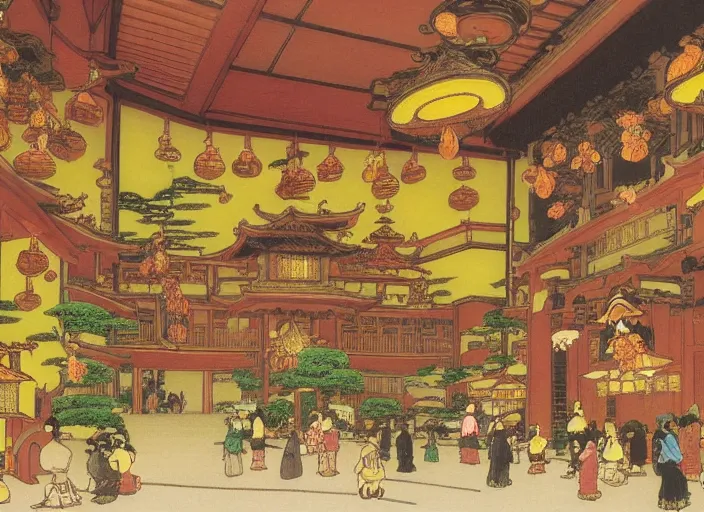 Prompt: main hall with monkeys statues, yellow and brown decorations by studio ghibli painting, by ohara koson and thomas kinkade, natural