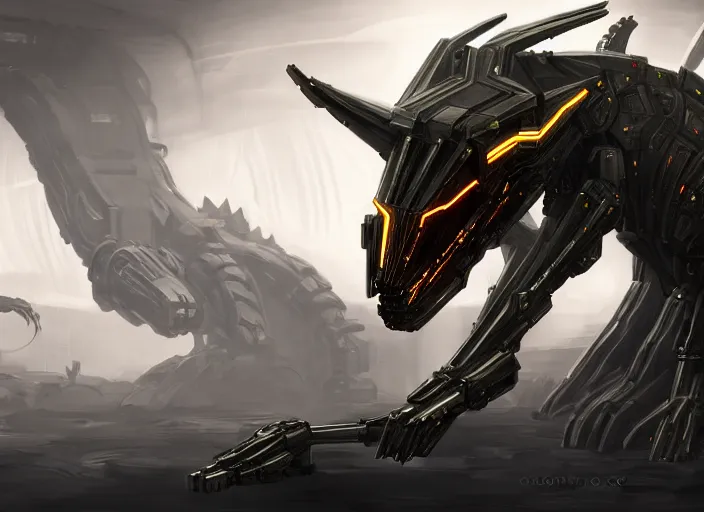 Prompt: cinematic shot, vore station borg hound, mecha hound, taller than man, sharp armor, sharp metal dragon claws, open metal maw, feral body, angular metal, glass visor, vore art, dragon art, furry art, digital art, warframe hound, furaffinity, deviantart, sofurry