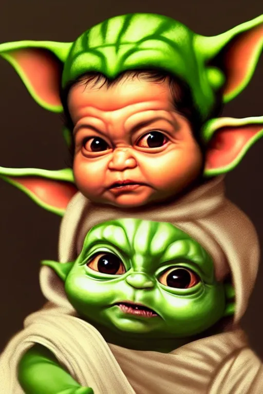 Image similar to Rahul Gandhi as baby yoda, baby yoda costume, Rahul Gandhi hairstyle, baby yoda body type, Rahul Gandhi Face, calm, cute, portrait, baby figure, highly detailed, digital painting, artstation, concept art, smooth, sharp focus, illustration, cinematic lighting, art by artgerm and greg rutkowski and alphonse mucha