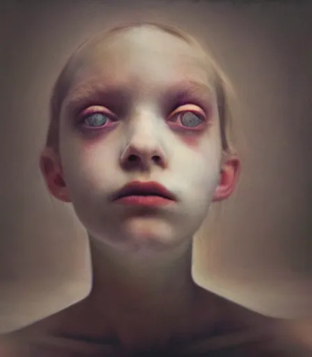 Image similar to a high quality, high detail, portrait photography of a beautiful girl by gottfried helnwein and kyle thompson, zdzisław beksinski