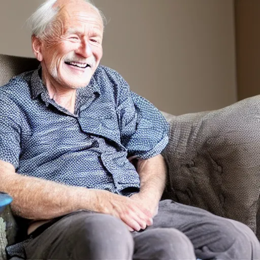 Prompt: a smiling old man sitting on a couch wearing the same fabric as the couch