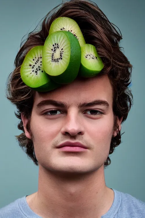 Image similar to 📷 joe keery the kiwi fruit 🥝, made of food, head portrait, dynamic lighting, 4 k