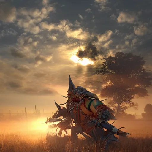 Image similar to warhammer, volumetric lighting, dew, spring evening, clear weather, realistic illustration, golden hour, perfectly shaded, soft painting