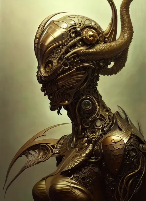 Image similar to organic cyborg, dragon mask, diffuse lighting, fantasy, intricate, elegant, highly detailed, lifelike, photorealistic, digital painting, artstation, illustration, concept art, smooth, sharp focus, art by John Collier and Albert Aublet and Krenz Cushart and Artem Demura and Alphonse Mucha