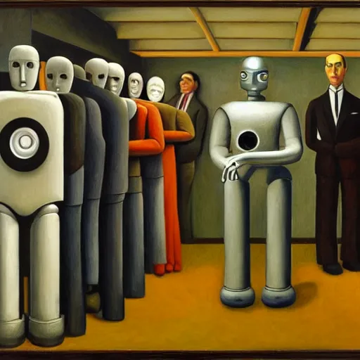 Image similar to robots queue up for eye scanner, grant wood, pj crook, edward hopper, oil on canvas