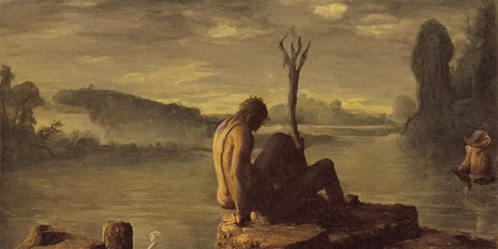 Prompt: a man sits at the edge of a river in the underworld waiting for the ferryman charon, beksinksi