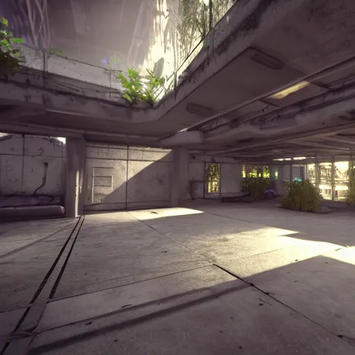 Image similar to screenshot of a first person shooter game on unreal engine 5, in a liminal underground garden, photorealistic, retrofuturism, brutalism, staggered terraces, minimalist, soft vintage glow