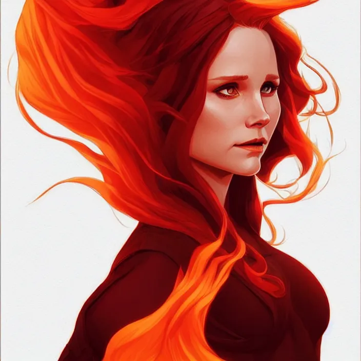 Image similar to style artgerm, joshua middleton, beautiful kristen bell with dark red dress, very long orange hair, symmetrical face, symmetrical eyes, fire powers fire swirling, detailed, volcano setting, cinematic lighting