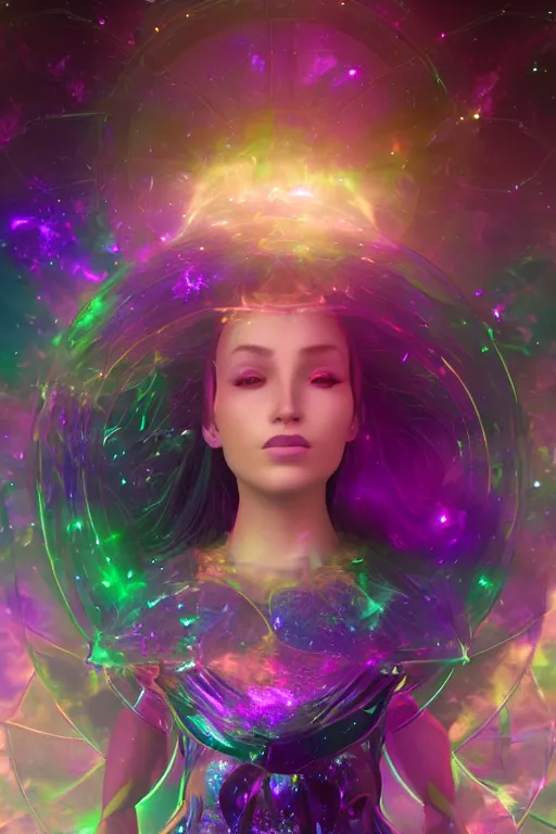 Image similar to Celestial goddess of time and space floating in the cosmos striking beauty oracle trending on artstation purple amathist color scheme + gemstone crystals + realistic + photorealistic + octane render + 3d render