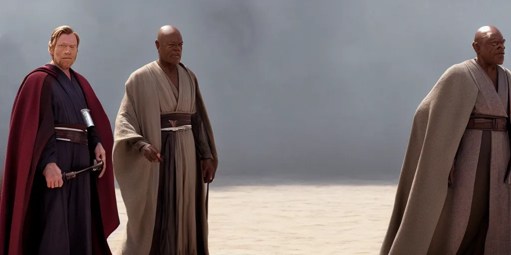 Image similar to obi - wan kenobi disney plus show, played by ewan mcgregor and old mace windu played by samuel l jackson, greet eachother, old friends, accurate ultra realistic faces, 4 k, movie still, uhd, sharp, detailed, cinematic, render, modern