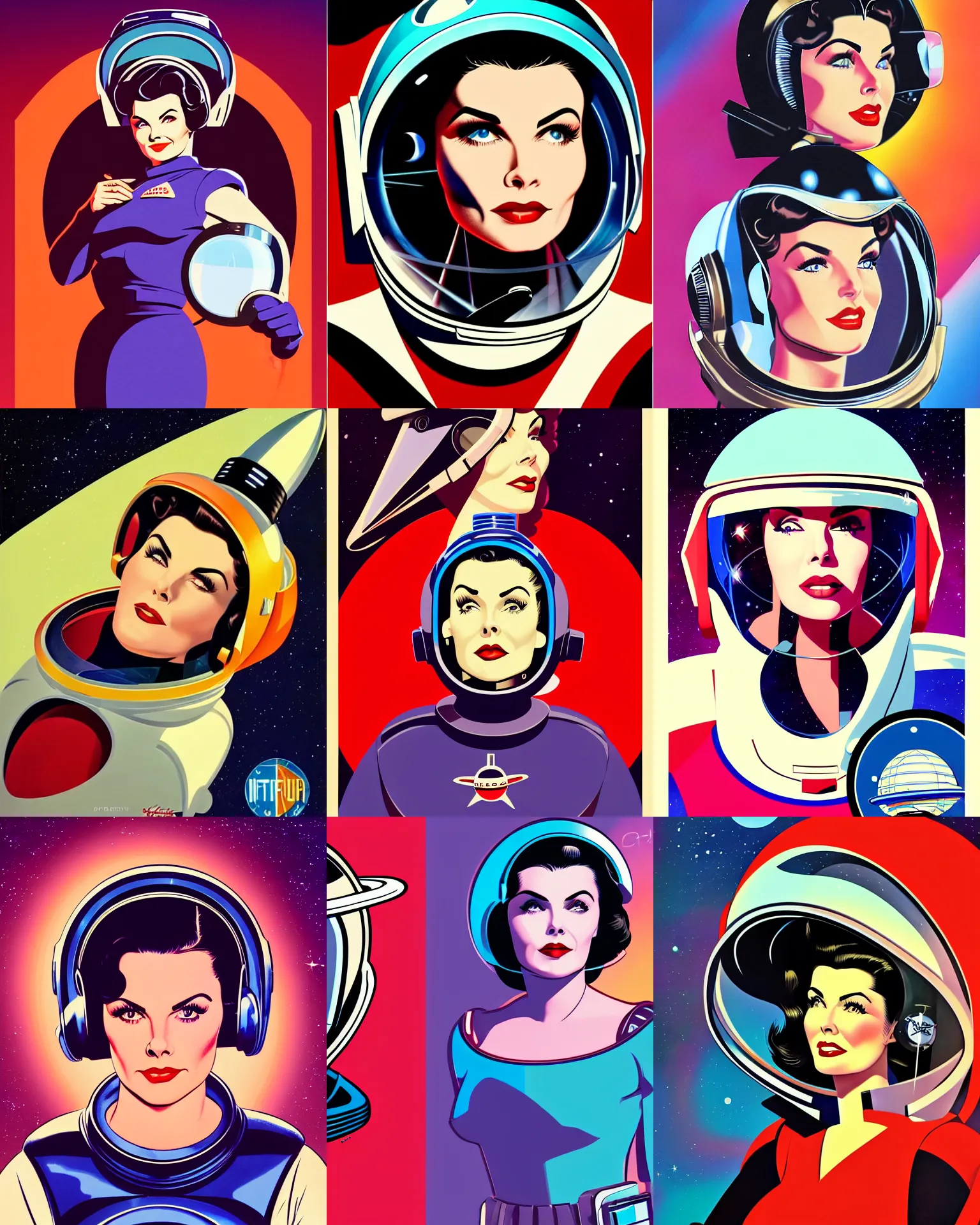 Prompt: sherilyn fenn 2 6 years old astronaut, retro space helmet, buck rogers. forbidden planet 1 9 5 6, retro futurism 1 9 5 0 s, half portrait by stanley artgerm, dramatic lighting, ilya kuvshinov, trending on artstation, flat colour, geometric curves, gradient filter, pleasing tone colours, art deco patterns