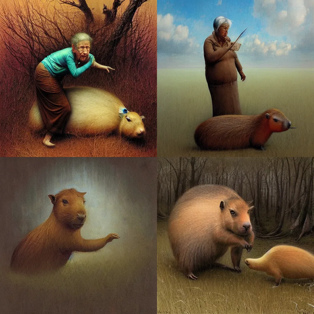 Prompt: my grandmother is a capybara, by Esao Andrews and Karol Bak and Zdzislaw Beksinski