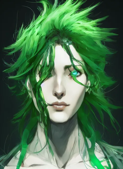 Image similar to Half body portrait of a beautiful dryad scientist with green hair and lab coat. In style of Yoji Shinkawa and Hyung-tae Kim, trending on ArtStation, dark fantasy, great composition, concept art, highly detailed.