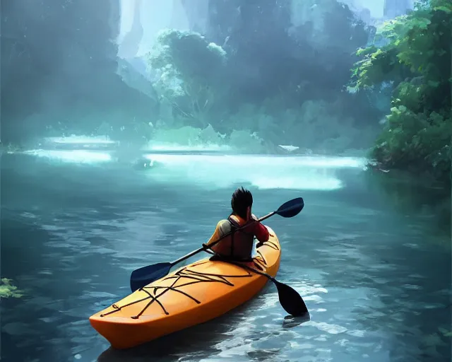 Image similar to a kayak in a river. blue water, atmospheric lighting. by makoto shinkai, stanley artgerm lau, wlop, rossdraws, james jean, andrei riabovitchev, marc simonetti, krenz cushart, sakimichan, d & d trending on artstation, digital art.