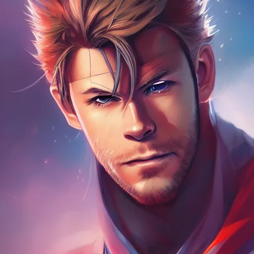 Image similar to anime portrait of Chris Hemsworth as an anime man by Stanley Artgerm Lau, WLOP, Rossdraws, James Jean, Andrei Riabovitchev, Marc Simonetti, and Sakimichan, trending on artstation