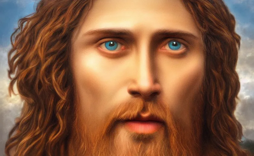 Image similar to Jesus Christ in Heaven, detailed face, digital art,ultra realistic,ultra detailed, ultra wide Lens