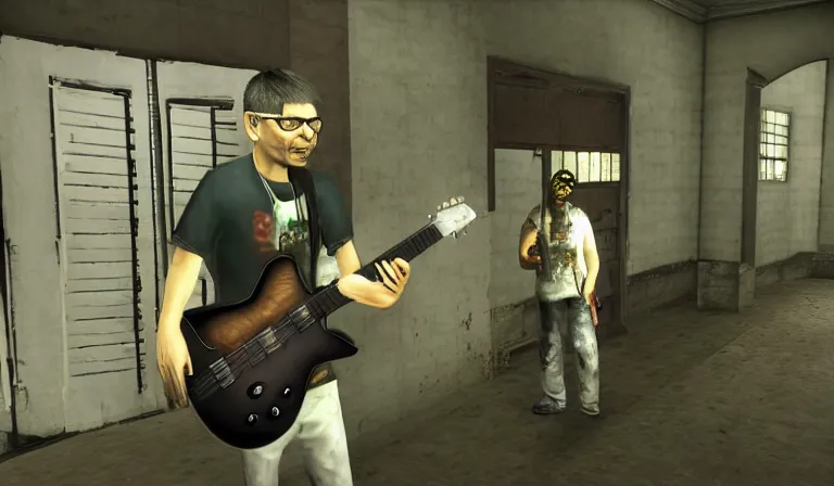 Image similar to steve albini npc carrying a guitar in left 4 dead 2, source engine, gameplay screenshot