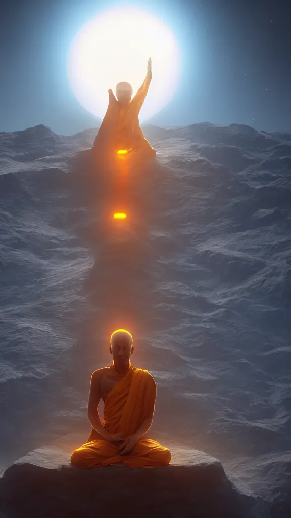 Image similar to a glowing sun monk god meditating in a empty void, fantasy, trending on artstation, octane render, digital art,