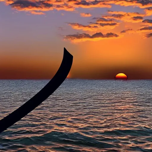 Image similar to a floating sword in front of a sunrise, extremely realistic and beautiful