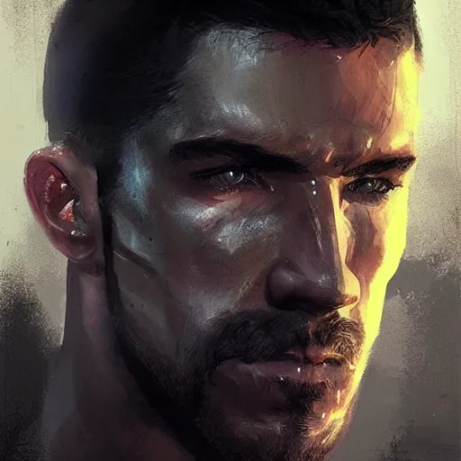 Image similar to portrait of a man by greg rutkowski, he looks like scott adkins, he is wearing a black superhero kevlar gear, highly detailed portrait, digital painting, artstation, concept art, smooth, sharp foccus ilustration, artstation hq