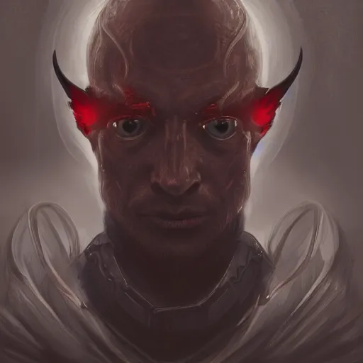 Prompt: portrait of a handsome Catholic priest with red eyes, dark, intricate details, highly detailed, eerie, concept art, digital painting, sharp, trending on artstation, award-winning. Art by Loran DeSore and Merwild