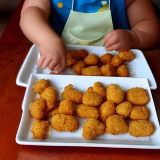 Prompt: Chicken eating chicken nuggets and happy