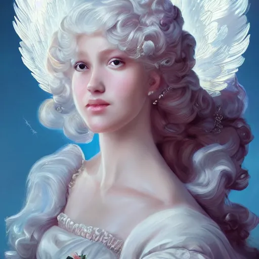 Image similar to A masterpiece portrait of a royal princess baroque rococo girl with tall white amazing victorian wig with angel wings. trending on artstation, digital art, by Stanley Artgerm Lau, WLOP, Rossdraws, James Jean, Andrei Riabovitchev, Marc Simonetti, Yoshitaka Amano