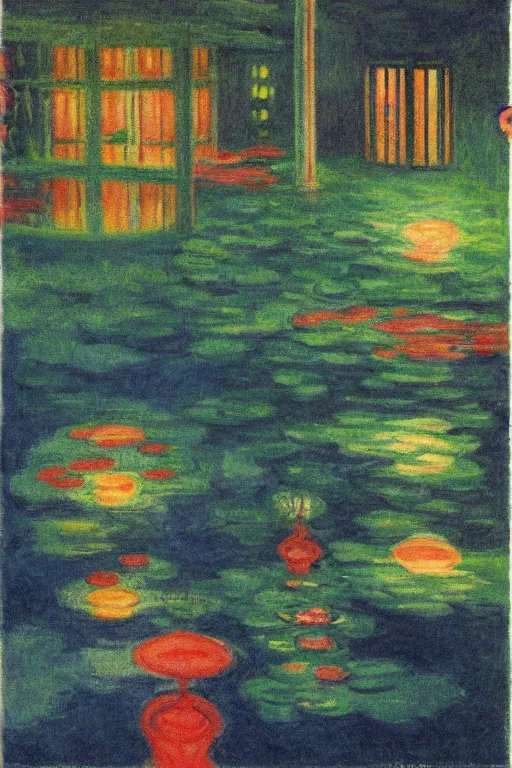 Image similar to cinematic aerial view of decorated surrealist lake garden at night by Edward Hopper and Claude Monet, garden lit by floating shoji lamps, Japanese 1920s art deco backyard design by Katsuhiro Otomo, the moon reflects in the water, the moon casts long exaggerated shadows, blue hour, hyper-detailed watercolor and pen illustration by Syd Mead and byJean Giraud, aerial view