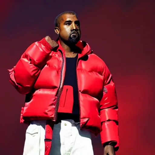 Image similar to kanye west wearing a red puffer jacket and red pants, standing in a stadium, white light shining on him