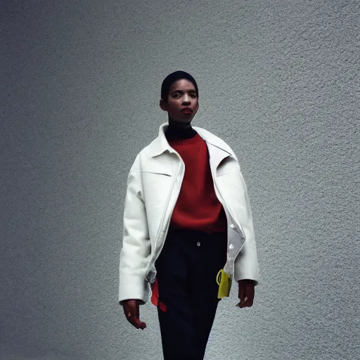 Image similar to realistic photoshooting for a new balenciaga lookbook, color film photography, portrait of a beautiful woman, model wearing a workwear jacket, by photo in style of Tyler Mitchell, 35mm,