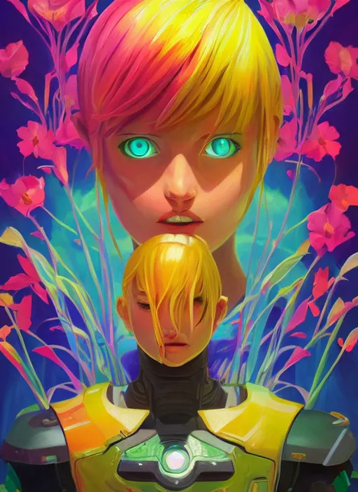 Prompt: symmetry!! samus surrounded by colorful plants, upper body face shot, long straight blonde hair, visible face : : portrait, painting, splash, jesper ejsing, by rhads, makoto shinkai and lois van baarle, ilya kuvshinov, ross tran, borderlands artworks in 4 k