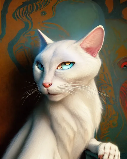 Prompt: painting of anthromorphic male white cat with blue eyes wearing jeans and shirt, zootopia, fursona, furaffinity, 4 k, deviantart, furry art, very expressive detailed feminine face, gaston bussiere, craig mullins, jc leyendecker, gustav klimt, artgerm, greg rutkowski, alphonse mucha