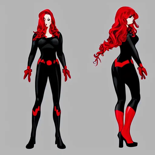 Image similar to Black Widow, black jump suit, red hair, portrait, realistic proportions, smile, marvel comics, superheroine, concept art, realistic