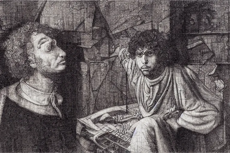 Image similar to an annoyed curly - haired persian guy programmer by leonardo davinci and mc escher