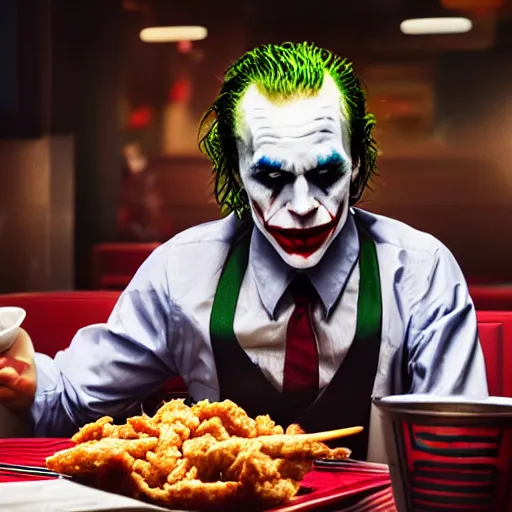 Image similar to cinematic shot of the joker sitting at a table and aggressively eating out of a bucket of chicken inside of a kfc restaurant, 8 k, very detailed, very intricate,