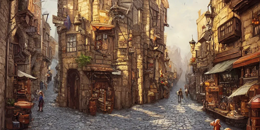 Prompt: a busy fantasy street looking down one street within a fascinating old city, quirky shops, narrow streets, old buildings, cobblestones on the ground, stone steps, street life, by Sylvain Sarrailh, single street, cinematic, simple but effective composition, clean lines, beautiful digital painting, oil painting, detailed, dungeons and dragons, lord of the rings