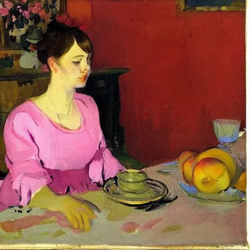 Prompt: a girl in a pink dress with folded hands on a table with peaches and iphones on a table sits at a table in a sunny room and looks at the camera, by valentin serov