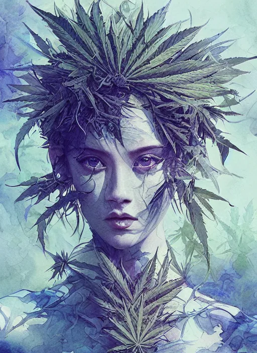 Image similar to Beautiful Female creature made of pot leaves, marijuana, watercolor, dramatic lighting, cinematic, establishing shot, extremely high detail, foto realistic, cinematic lighting, pen and ink, intricate line drawings, by Yoshitaka Amano, Ruan Jia, Kentaro Miura, Artgerm, post processed, concept art, artstation,